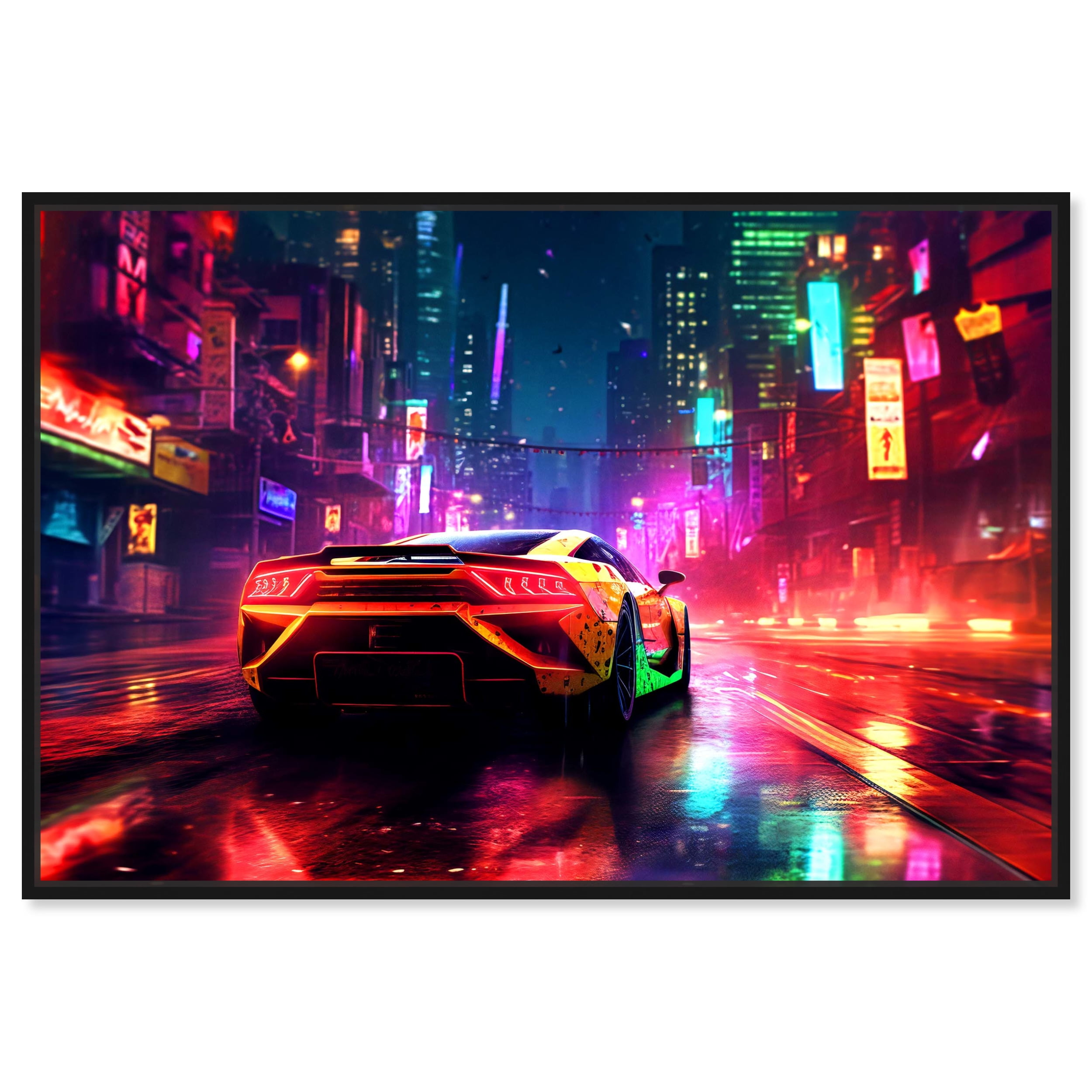 City Night Drive Car Canvas Wall Art by Notoriart, Black Floater Frame, 16" x 11"