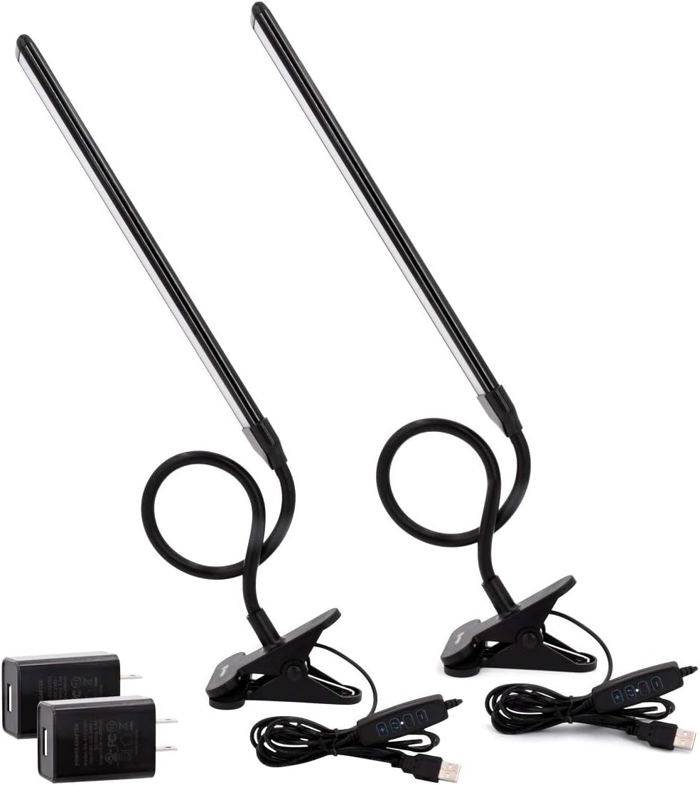 Clamp on Lamp, Clip Light, Desk Lamps with 3 Color Temperature Settings, 10 Brightness Levels, 2m USB Cord Power Supply and AC Adapter Included, Pack of 2 (Black)