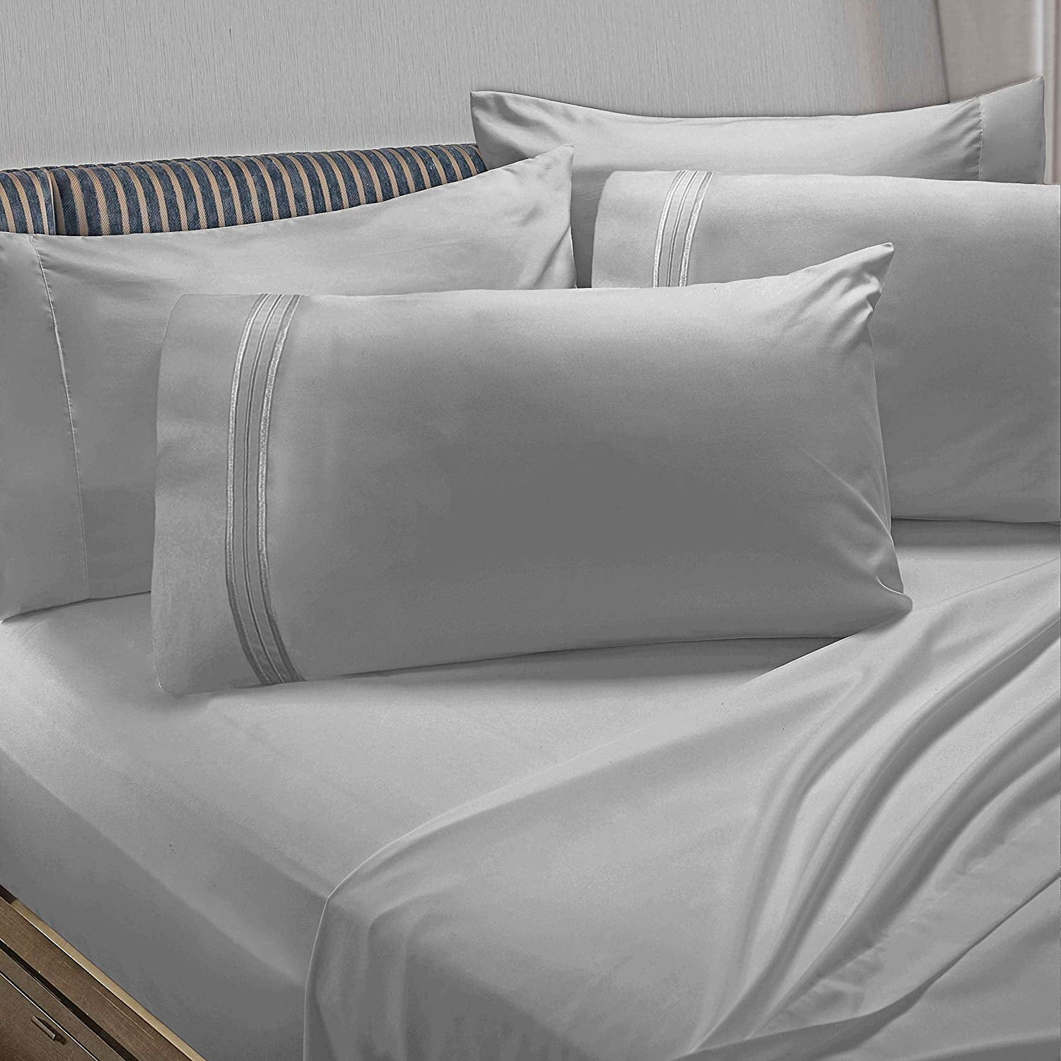 Clara Clark 6 Piece 1800 Microfiber Collection Bed Sheet Set, Deep Pockets Fitted Sheet, Flex-Top King, Silver Gray