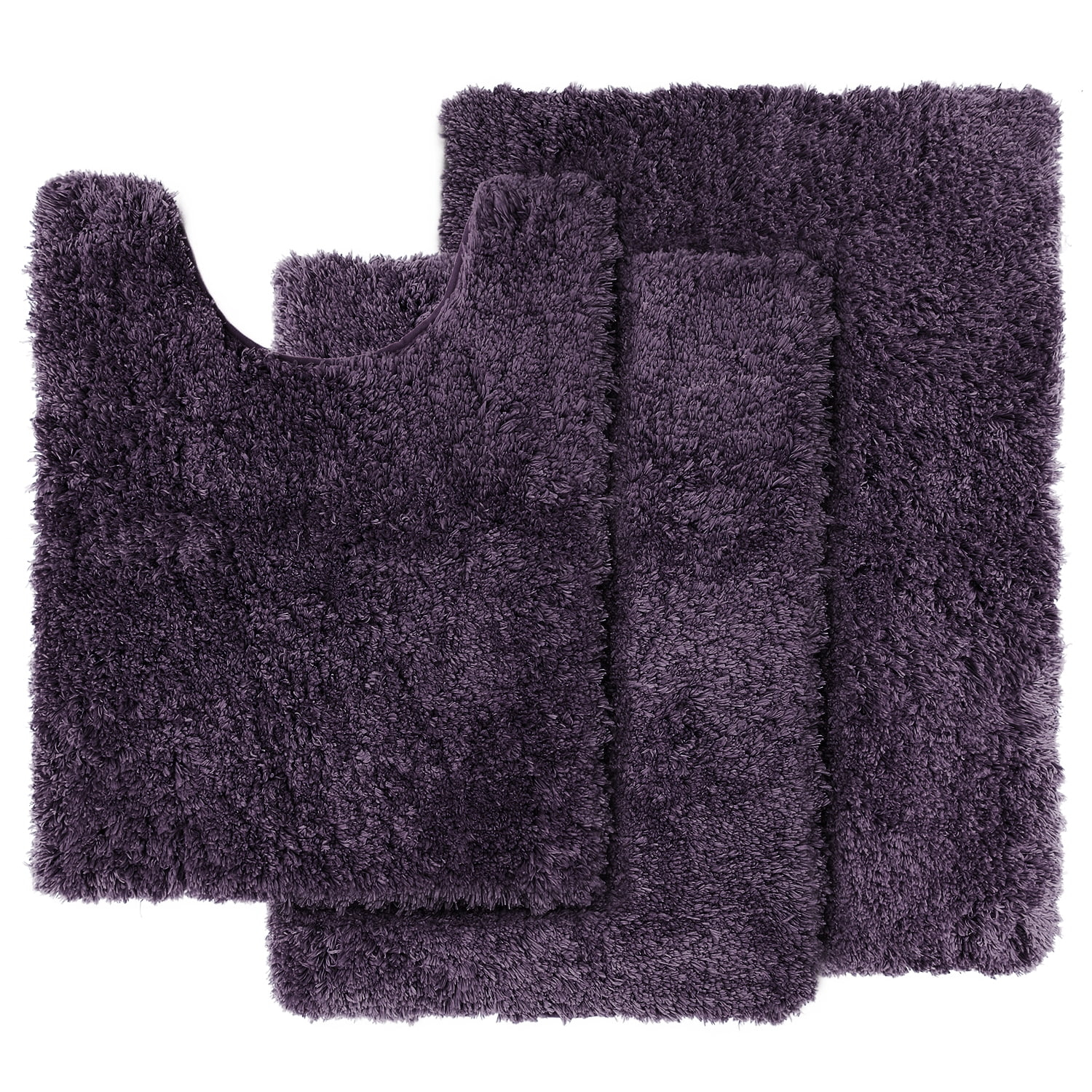Clara Clark Set of 3 Absorbent Bath Mat Non-Slip Backing Rubber Bathroom Rugs, 17x24, 20x32, 32x48 Eggplant