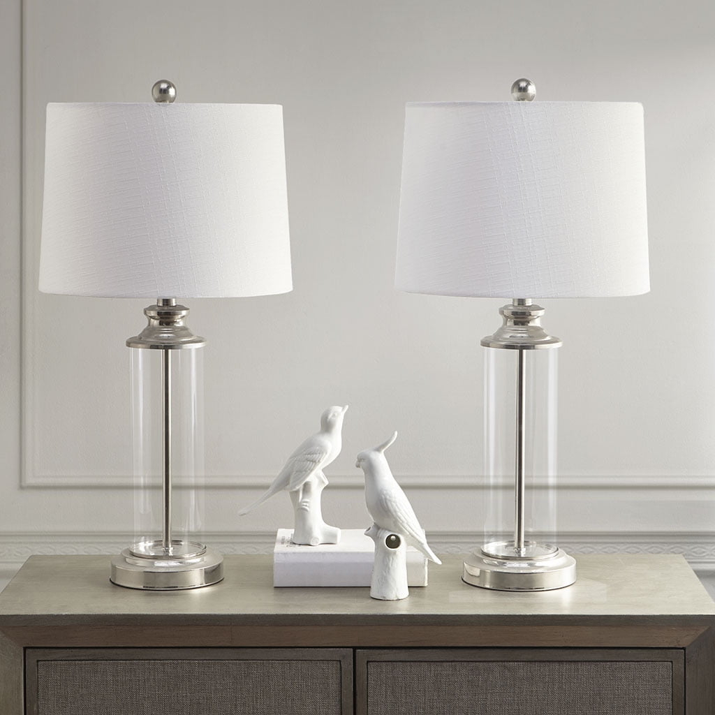 510 Design Table Lamp Set of 2 Modern Sleek Silver Glass with Drum-shaped Shade