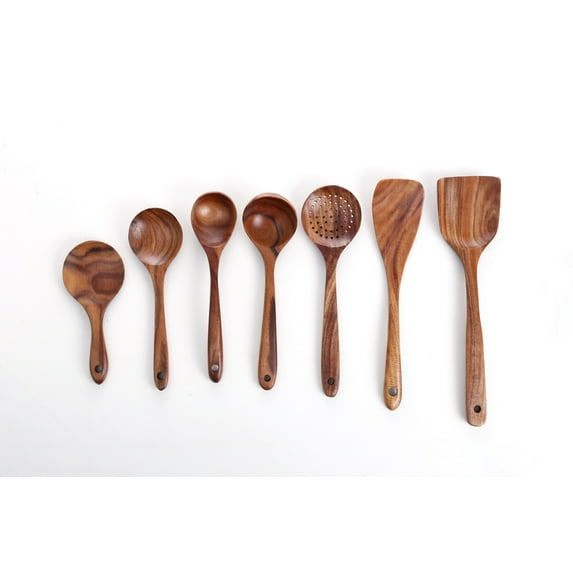 Sandistore Plate Mates Set 7PCS Wooden Cooking Utensils Kitchen Utensil Natural Teak Wood Kitchen Utensils Tool Nonstick Hard Wooden Spatula And Wooden Spoons