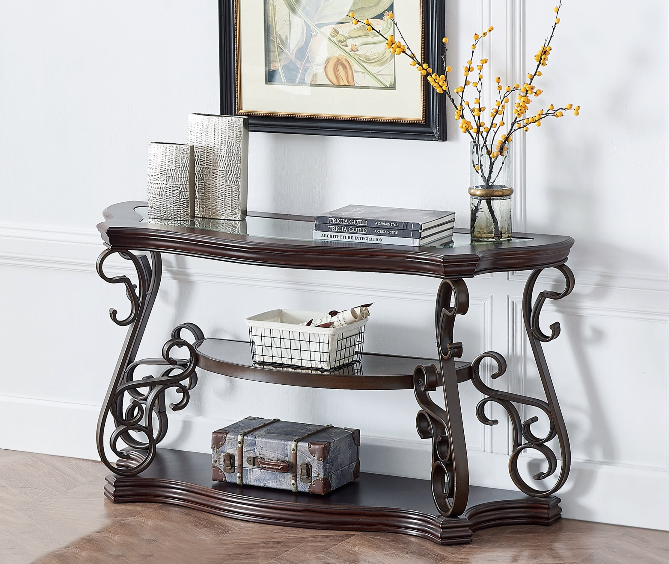 Dark Brown Glass Top Sofa Table with Metal Legs and Marble Shelf
