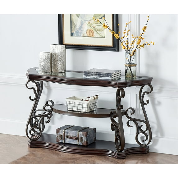 Dark Brown Glass Top Sofa Table with Metal Legs and Marble Shelf