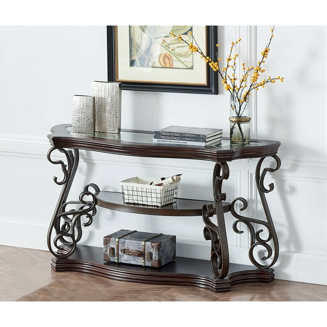 Dark Brown Glass Top Sofa Table with Metal Legs and Marble Shelf