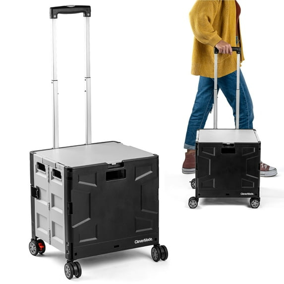 CleverMade Wheeled Storage Crate, 35L Capacity, Lockable Lid, Durable Polypropylene, 4 Wheels, Black/Cream