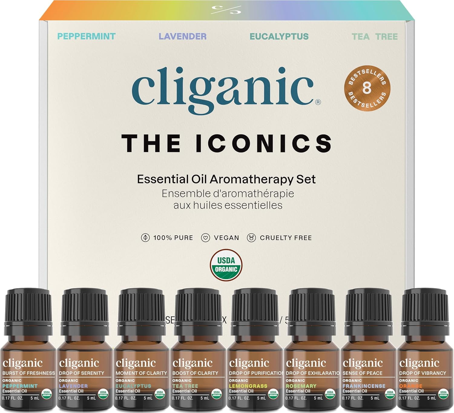 Cliganic Organic Aromatherapy Set - Top 8 Essential Oils - 8x0.17oz