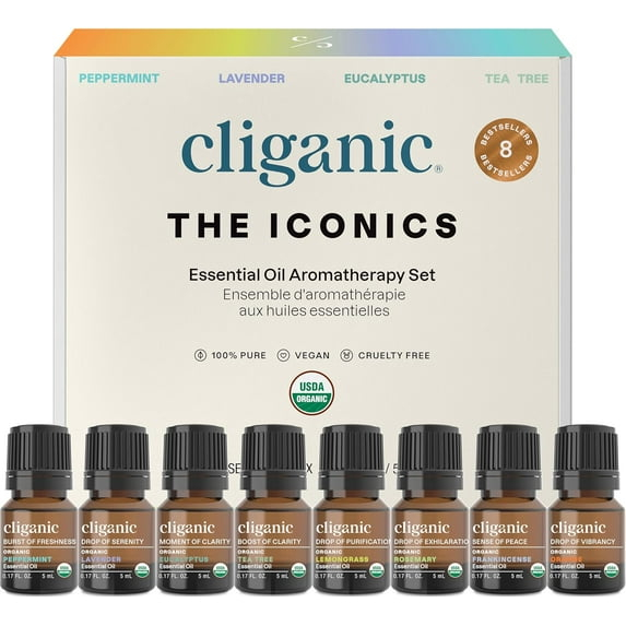 Cliganic Organic Aromatherapy Set - Top 8 Essential Oils - 8x0.17oz