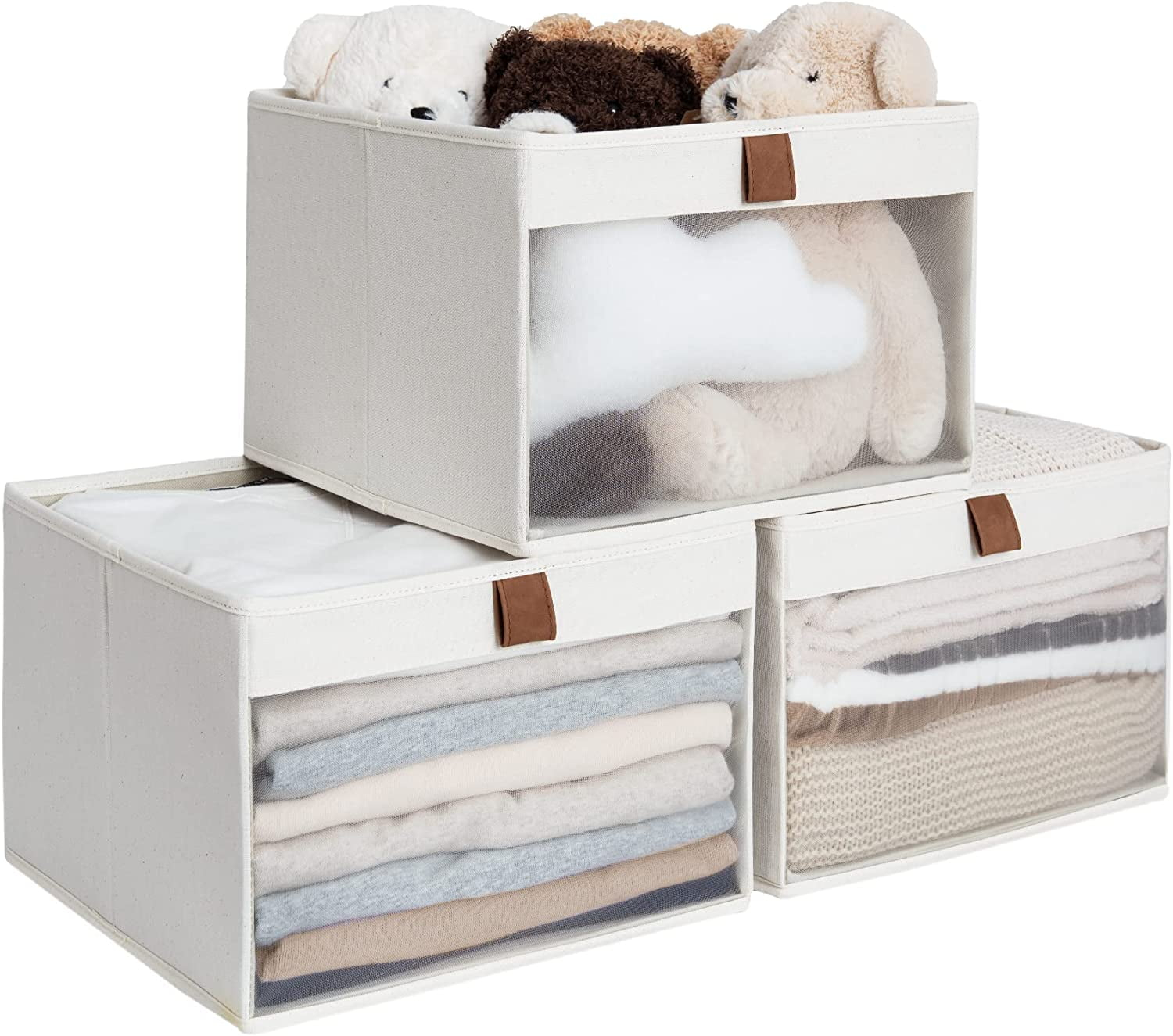 Closet Storage Bins with Clear Window and 2 Handles, Foldable Clothing Bins for Shelves, Large Fabric Organizer, Beige, 3 Pack