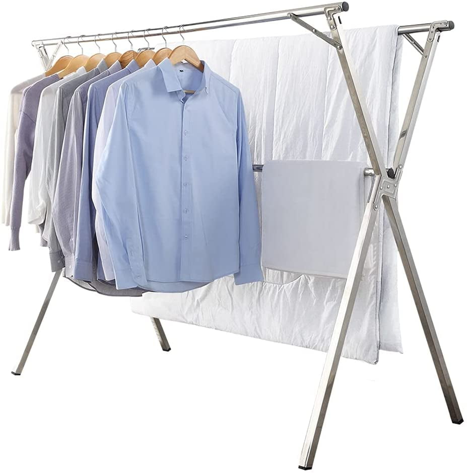 Clothes Drying Rack for Laundry Foldable,Stainless Steel Laundry Drying Rack for Indoor Outdoor,Foldable Easy Storage Clothes Rack for Drying, Garment Rack Space Saving, 63 Inches