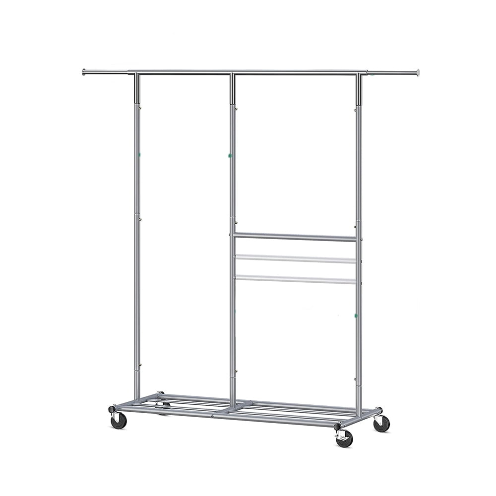 Clothes Rack, Rolling Garment Rack with Bottom Shelf and Rod, Versatile Clothing Coat Rack with Sturdy Metal Frame, Silver