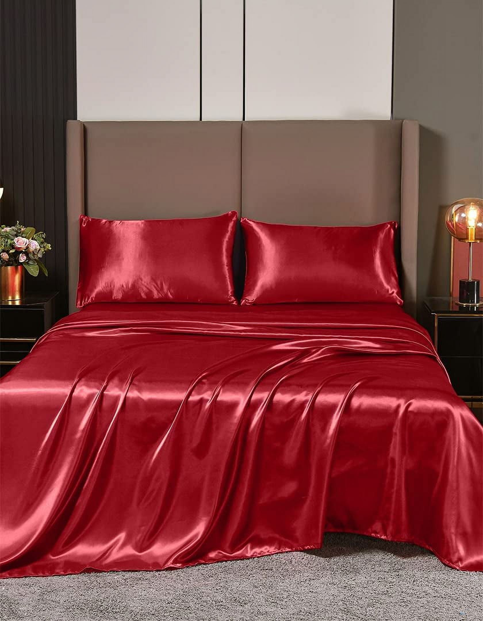 Cloud Fino Luxurious Satin Bed Sheets Burgundy Silk Sheets King 15 " Deep Pocket Pillowcases Sheet, 4-Piece