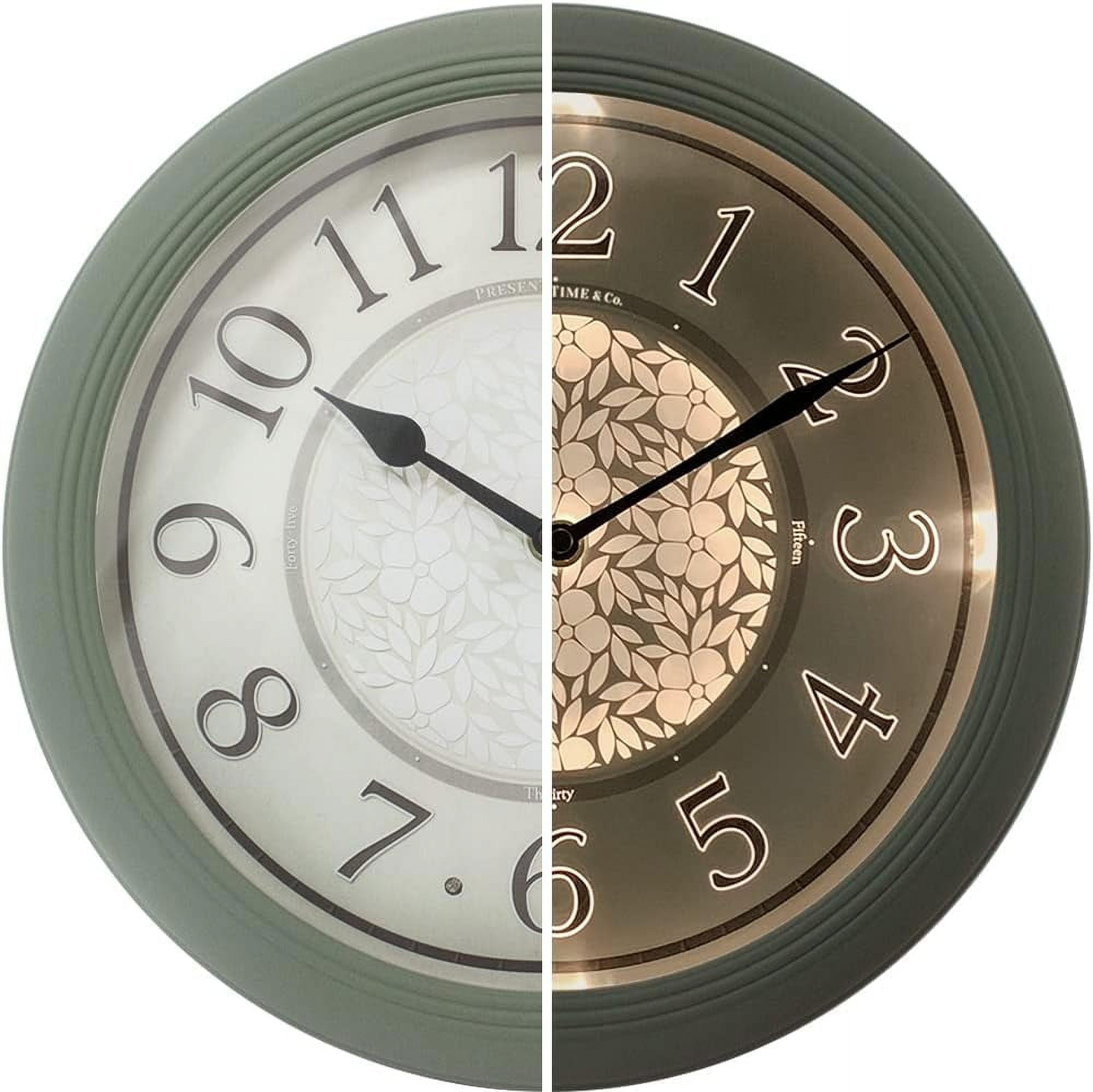 PresenTime & Co 12.6" Indoor Luminous Clock, Silent no ticking, Paris sage green, Lighted Clock with Smart Sensor to turn on/off lights in Low/bright light.