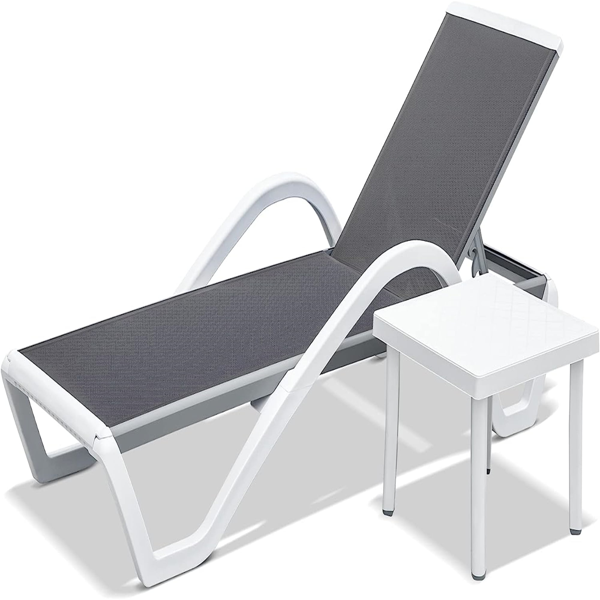 CoSoTower Patio Tumbona Sillones de Piscina de Aluminio Ajustables con Brazo Sillas de Piscina para Todo Clima para Exterior, Piscina, Césped (Gris, 1 Sillón+1 Mesa de Plástico)