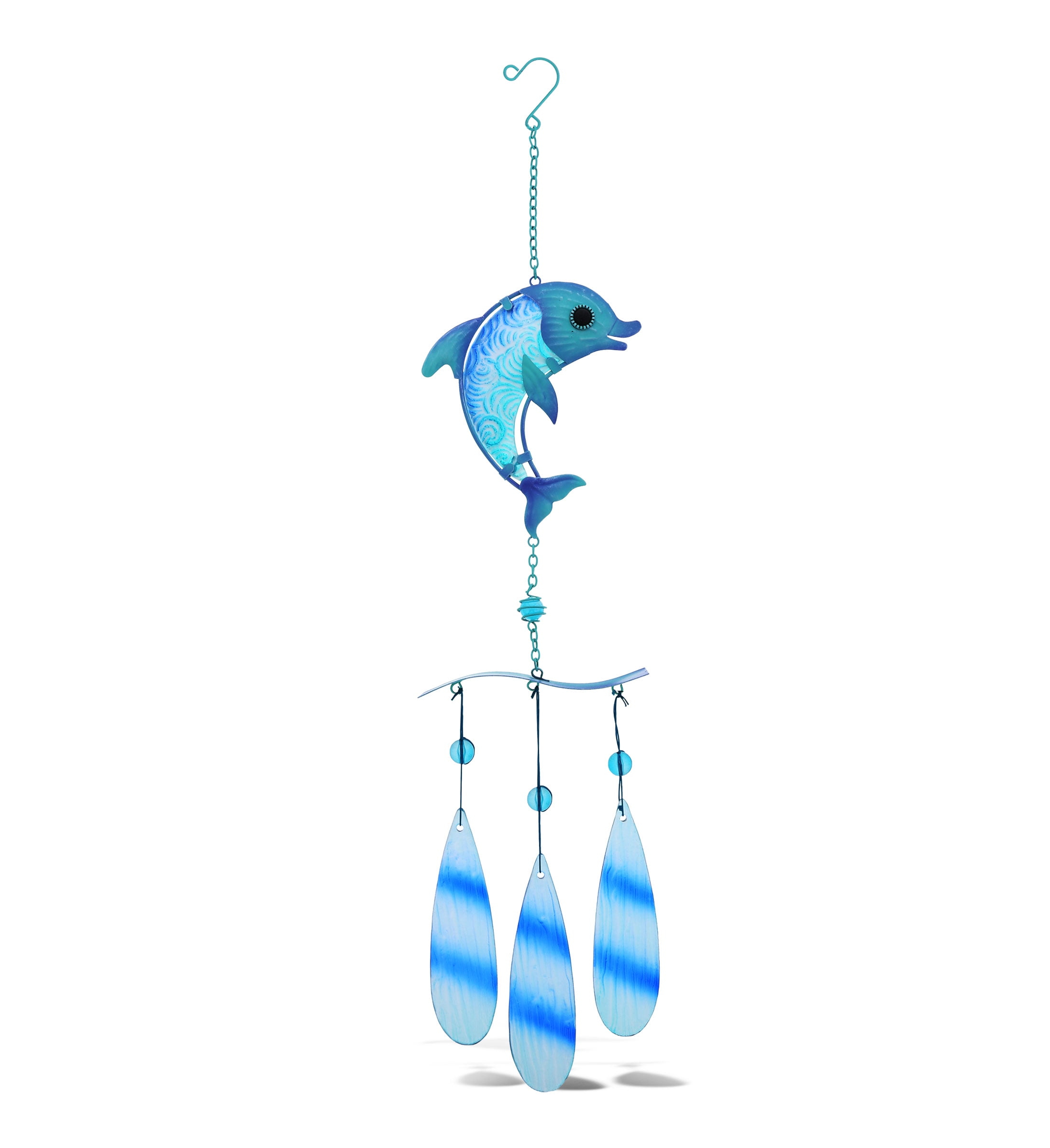 CoTa Global Blue Dolphin Hanging Sea Glass Wind Chime 27.36 Inch, Nautical Glass Windchime Outdoor Decor for a Harmonic Porch, Patio & Garden, Unique Beach Art Indoor Wind Chime Window Mobile