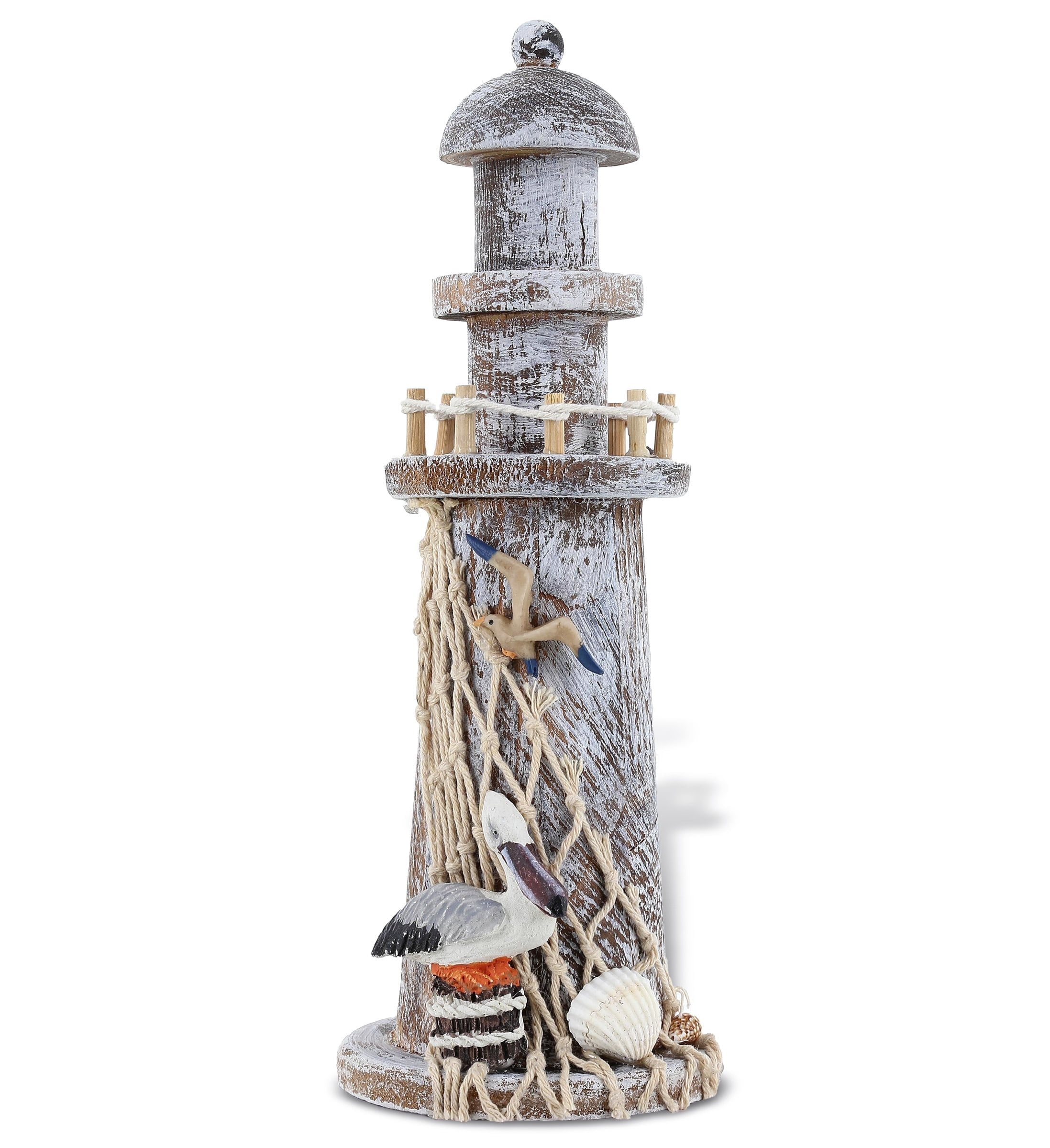 CoTa Global Brown Wooden Lighthouse Decor - Handmade and Crafted Wooden Lighthouse Decoration with Pelican and Fishing Net, Beach Style Tabletop Home Decor - Handmade Color May Vary - 8.75 Inches