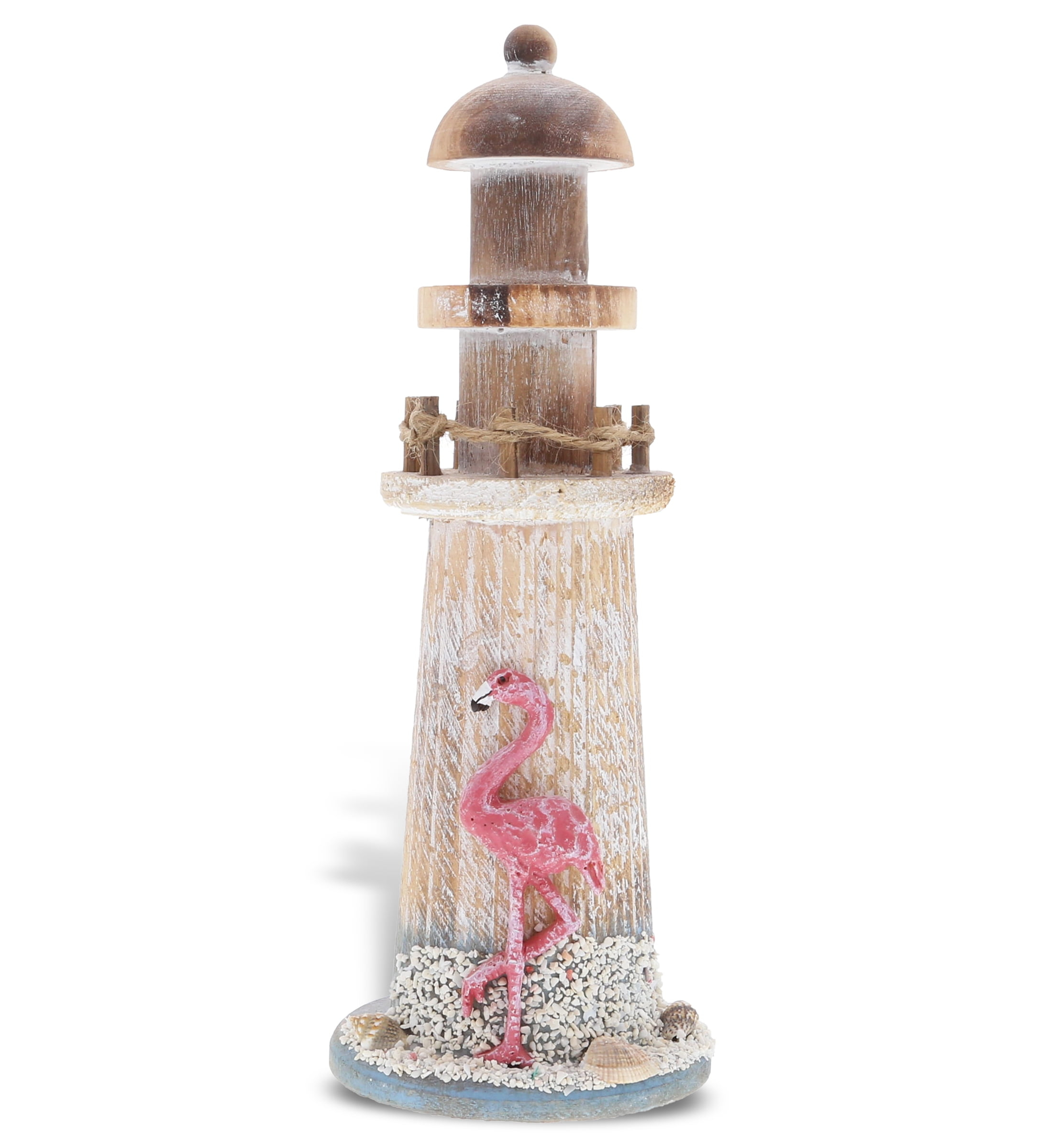 CoTa Global Flamingo Beach Lighthouse Decor - Handmade and Crafted Wooden Lighthouse Decoration with Sea Shells, Decorative Beach Style Tabletop Centerpiece, Nautical Themed Home Decor - 8.5 Inch