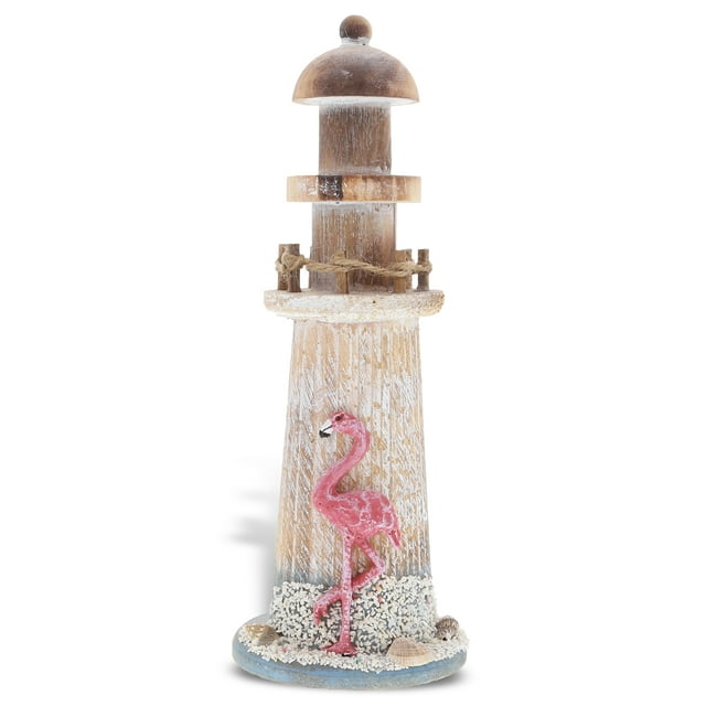 CoTa Global Flamingo Beach Lighthouse Decor - Handmade and Crafted Wooden Lighthouse Decoration with Sea Shells, Decorative Beach Style Tabletop Centerpiece, Nautical Themed Home Decor - 8.5 Inch