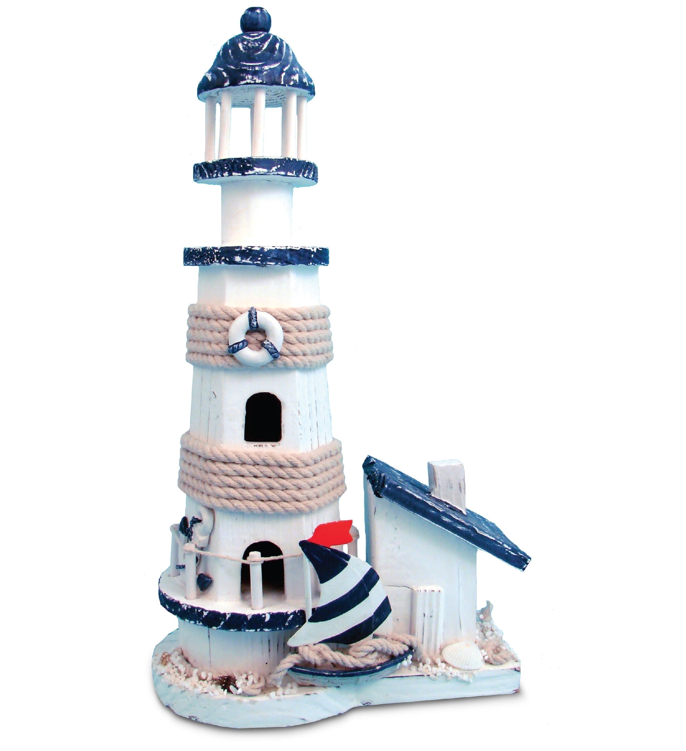 CoTa Global Ocean Blue Lighthouse Decor - Handmade and Crafted Wooden Lighthouse Decoration with Sailboat Figure Decorative Beach Style Tabletop Centerpiece, Nautical Themed Home Decor – 13.5 Inch
