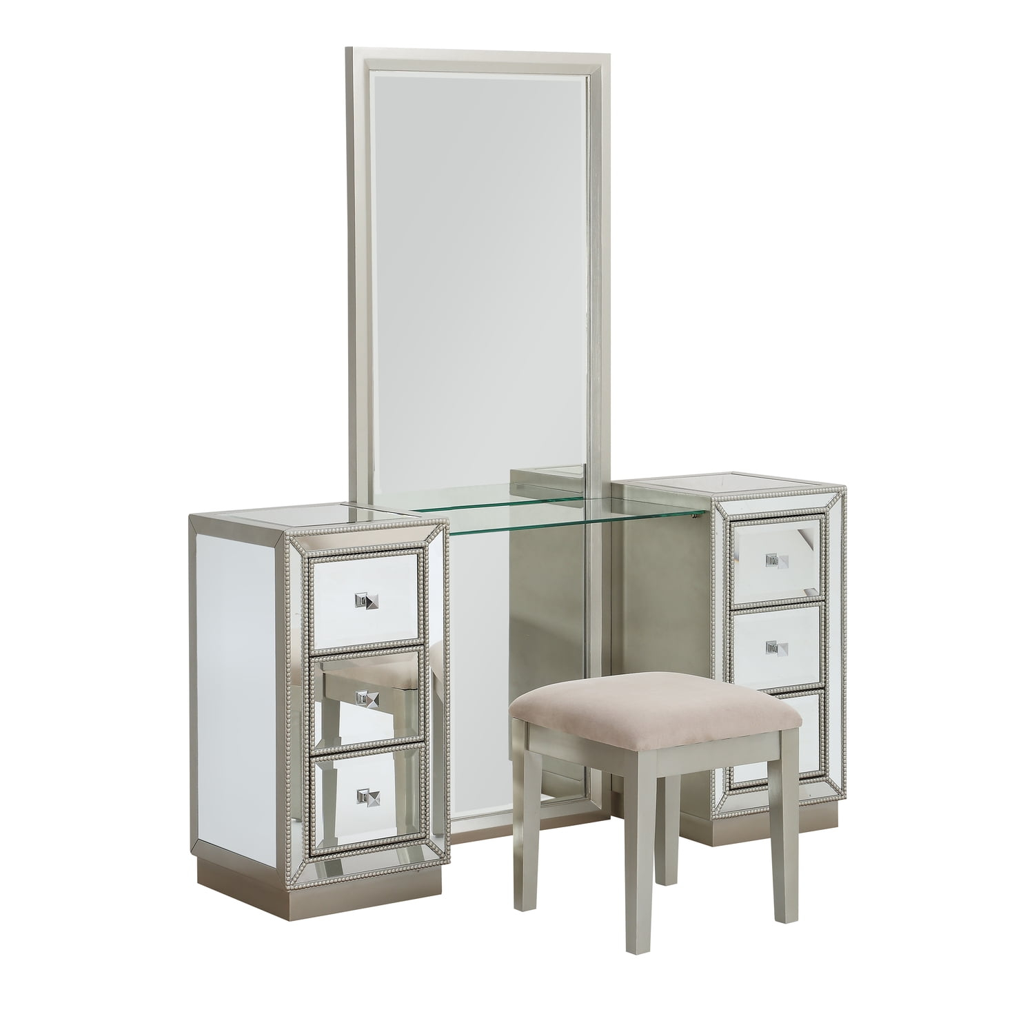 Coast To Coast Imports Elsinore Champagne Six Drawer Console with Mirror & Stool