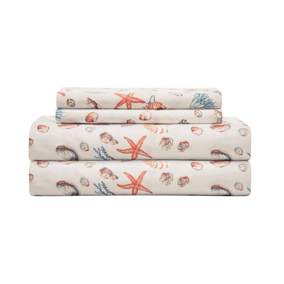 Coastal Print Microfiber Sheet Set, King, Oceanside Sand