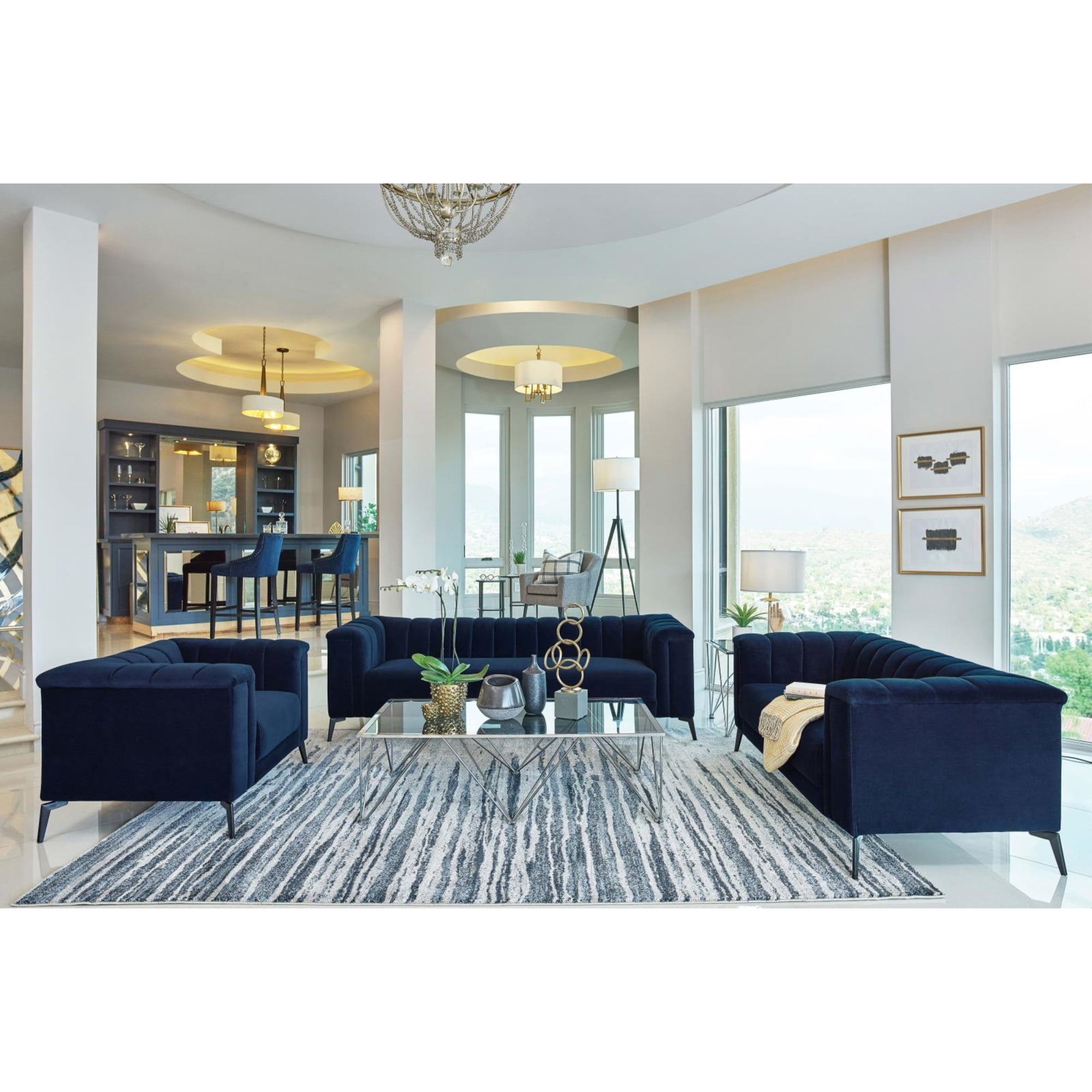 Coaster Company 3 Piece Contemporary Velvet Sofa And Loveseat Set Blue