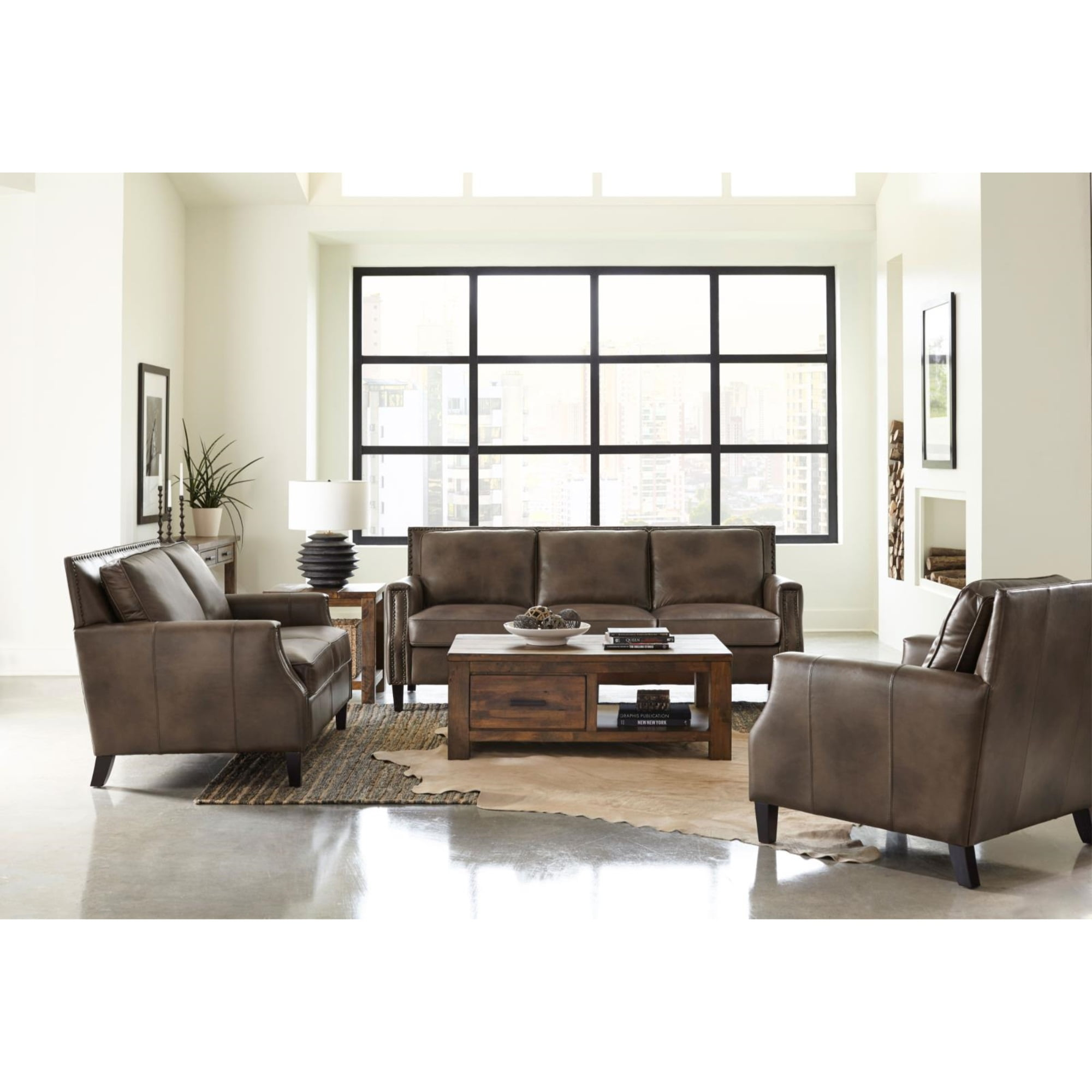 Coaster 3-Piece Farmhouse Upholstered Recessed Arms Leather Sofa Set in Brown