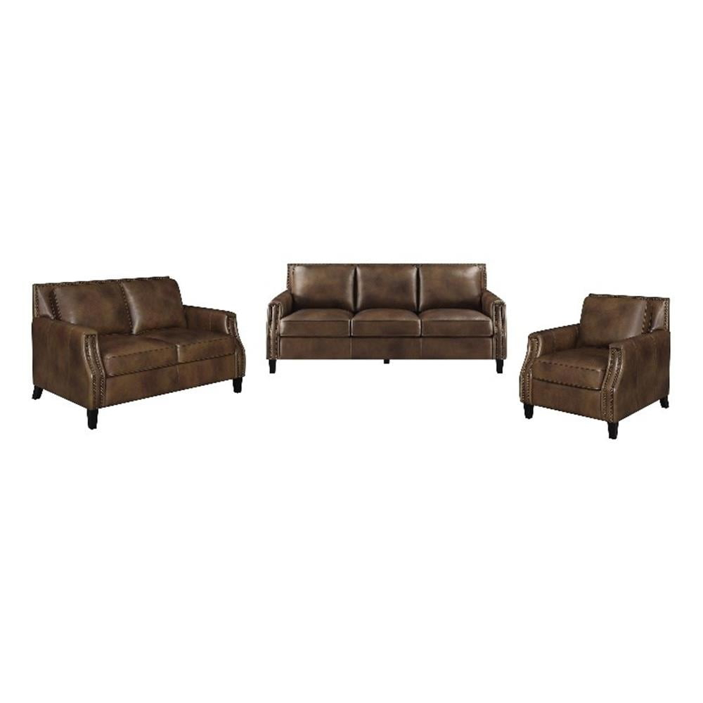 Coaster 3-Piece Farmhouse Upholstered Recessed Arms Leather Sofa Set in Brown