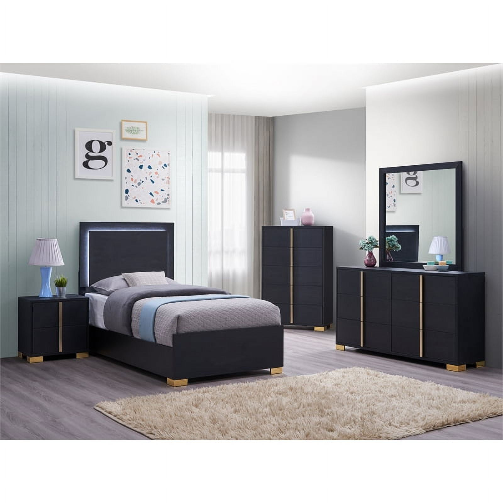 Coaster 4-Piece Contemporary Wood Twin Bedroom Set in Black/Gold