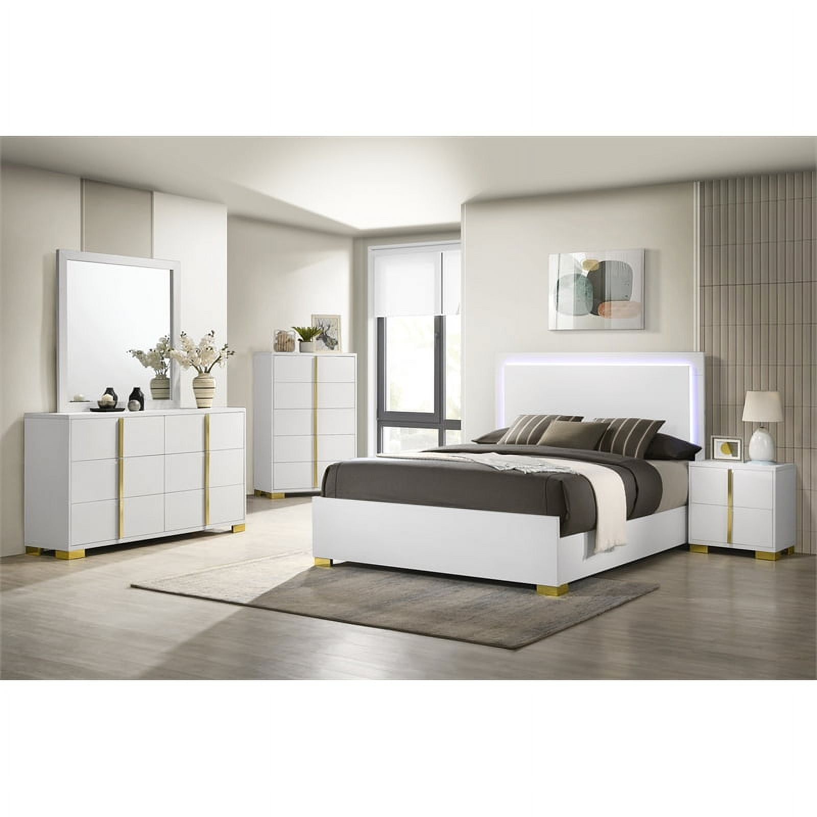 Coaster Company 4-Piece Contemporary Wood Queen Bedroom Set, White/Gold