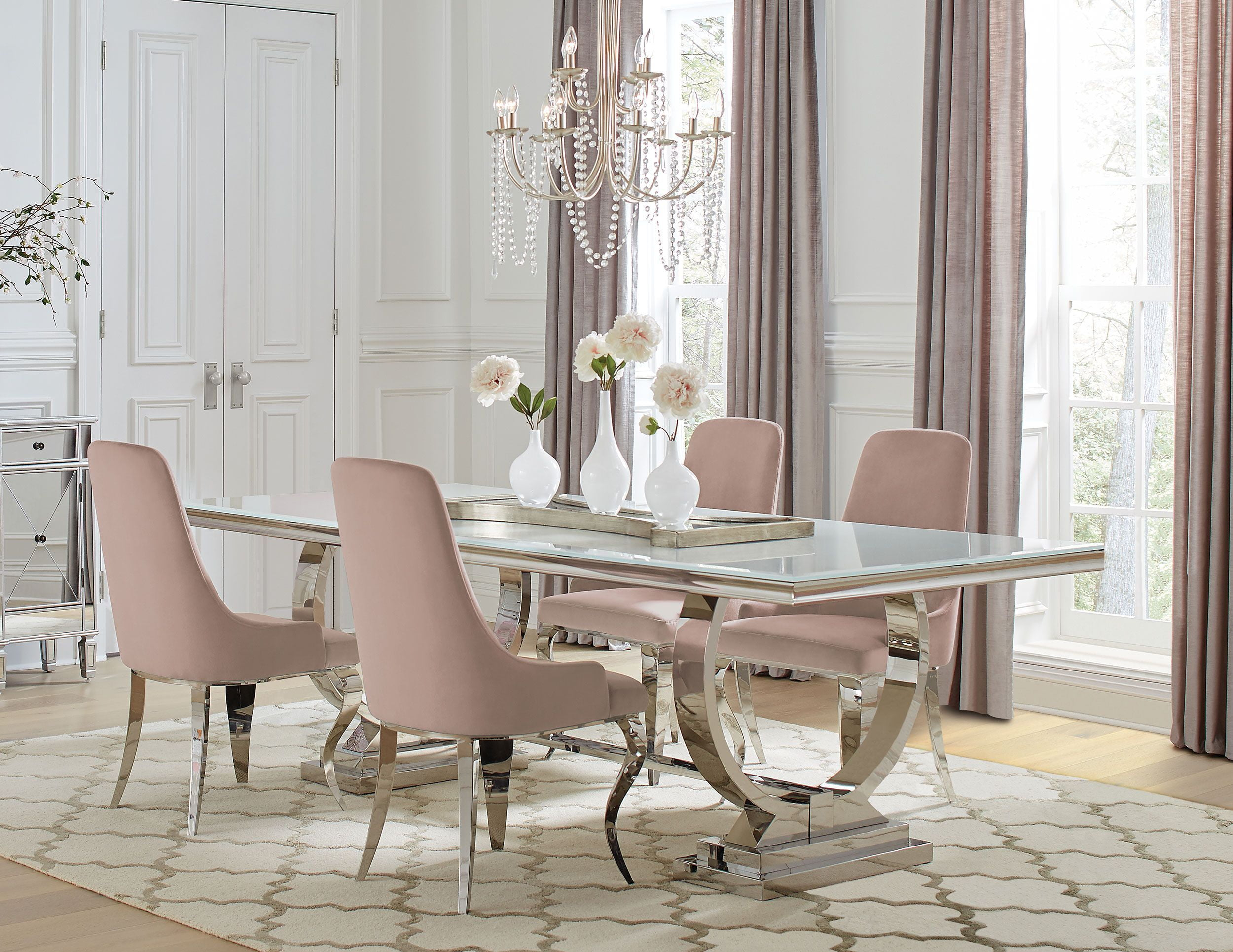 Coaster Antoine 5-Piece Modern Metal Rectangular Dining Set in Chrome and Pink