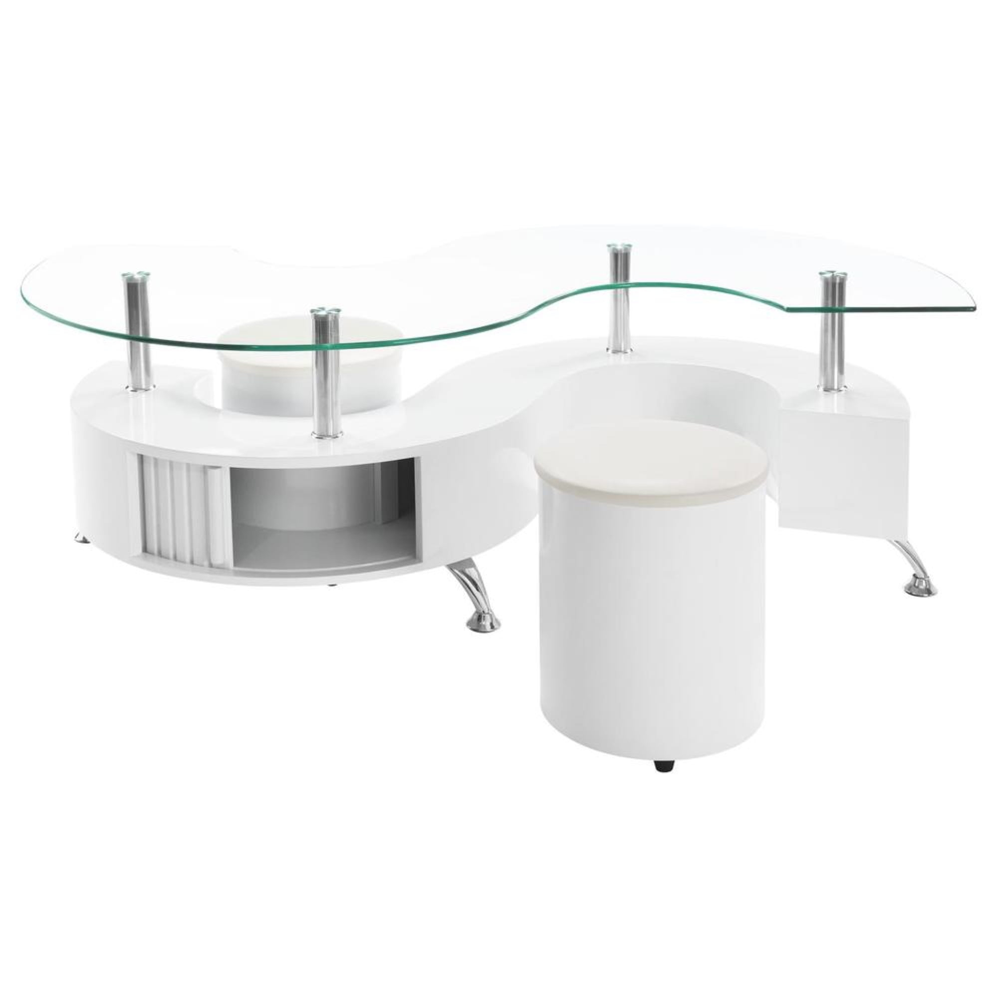 Coaster Buckley Wood Curved Glass Top Coffee Table With Stools in White