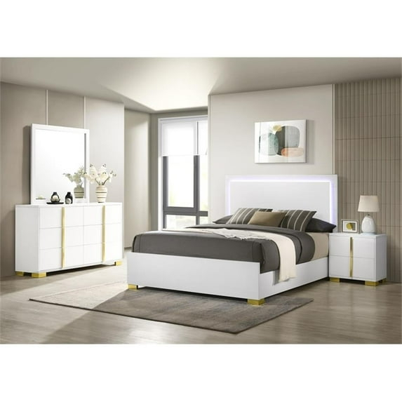 Coaster Company 4-Piece Contemporary Wood Queen Bedroom Set, White/Gold