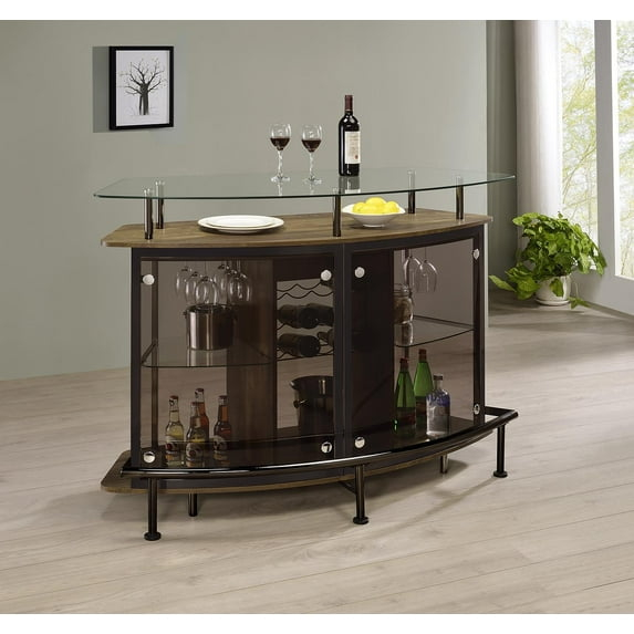 Coaster Gideon Glass Top Wood Bar Unit Brown Oak and Black Nickel