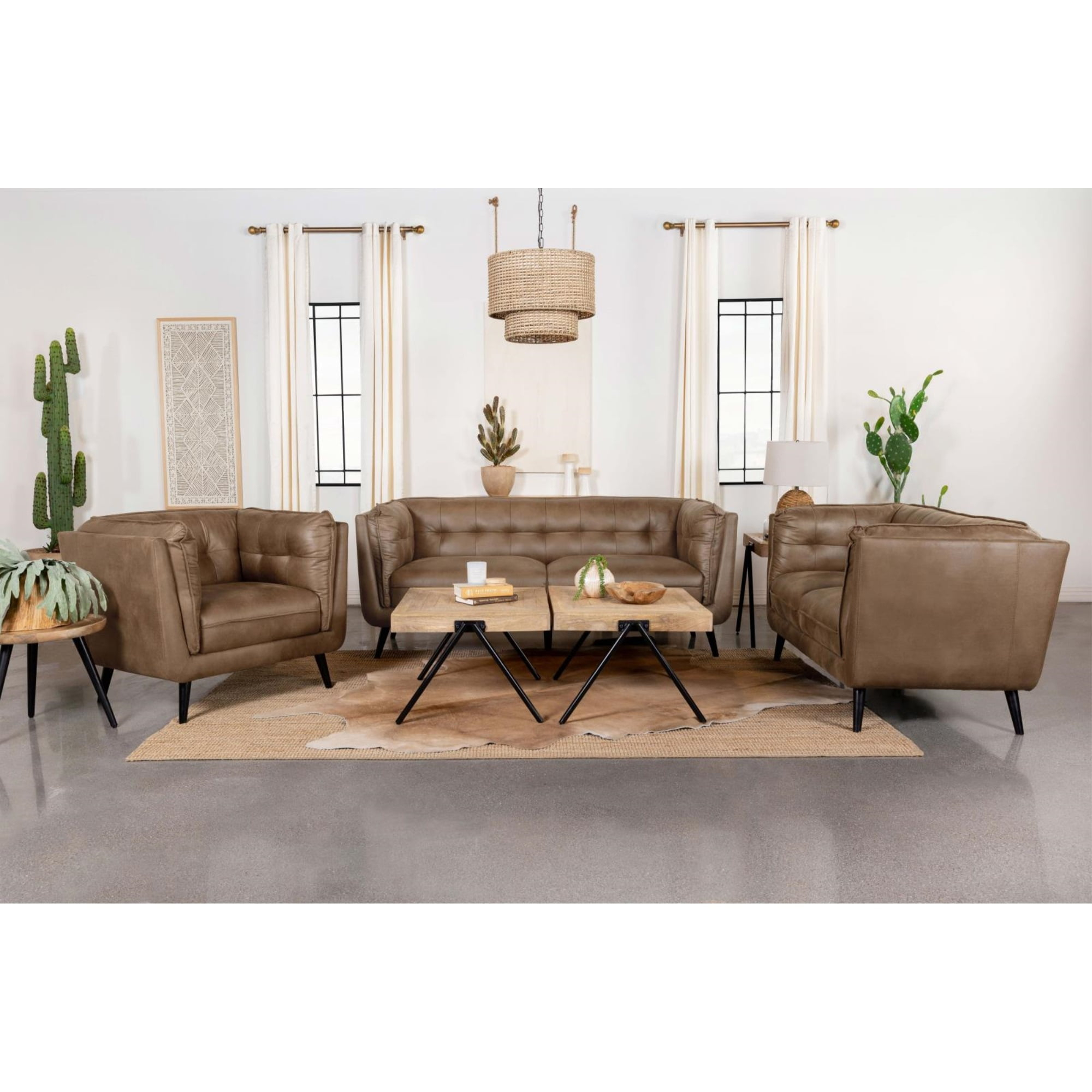 Coaster Thatcher 3-piece Faux Leather Upholstered Tufted Living Room Set Brown