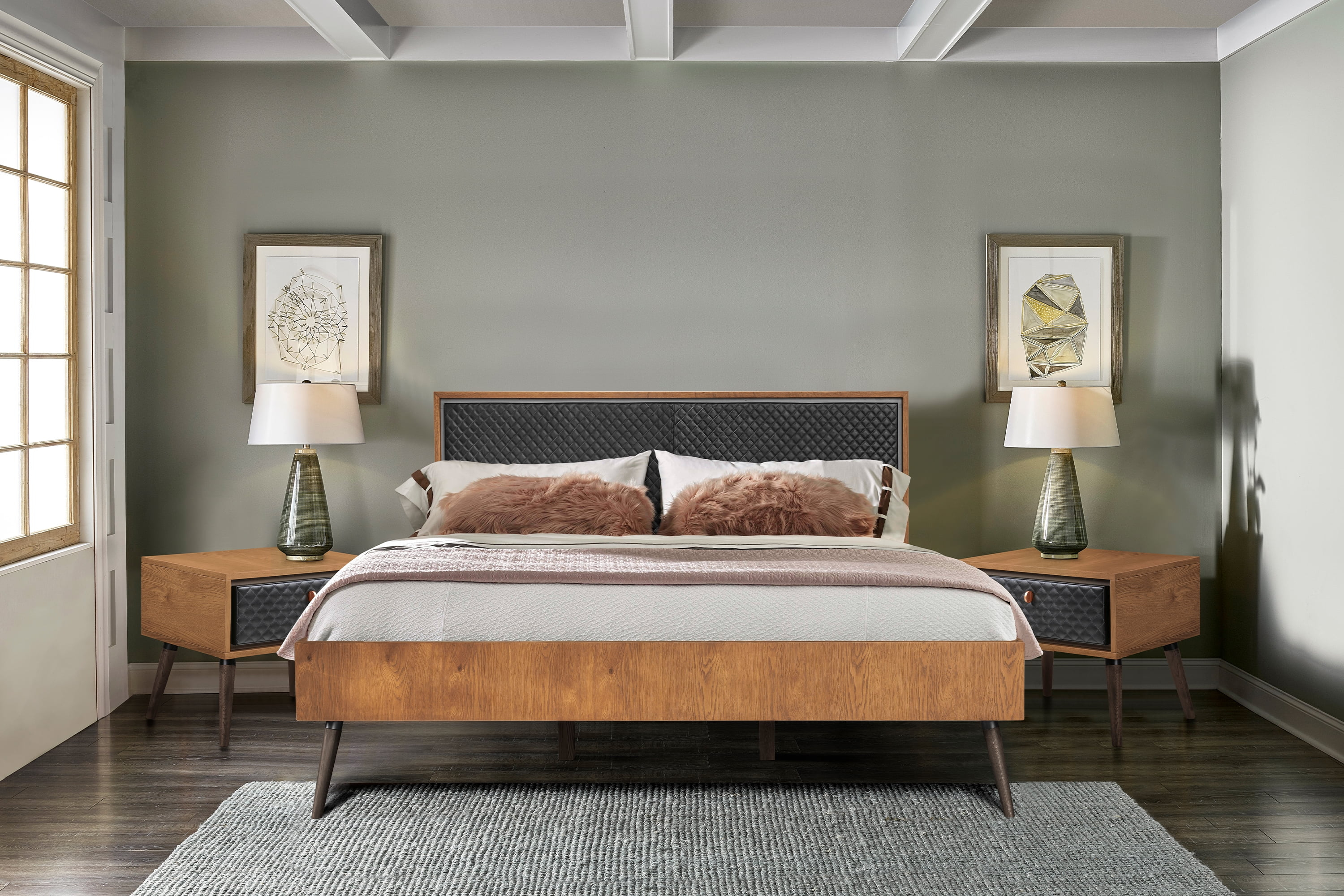 Coco Rustic 3 Piece Upholstered Platform Bedroom Set in King Size with 2 Nightstands