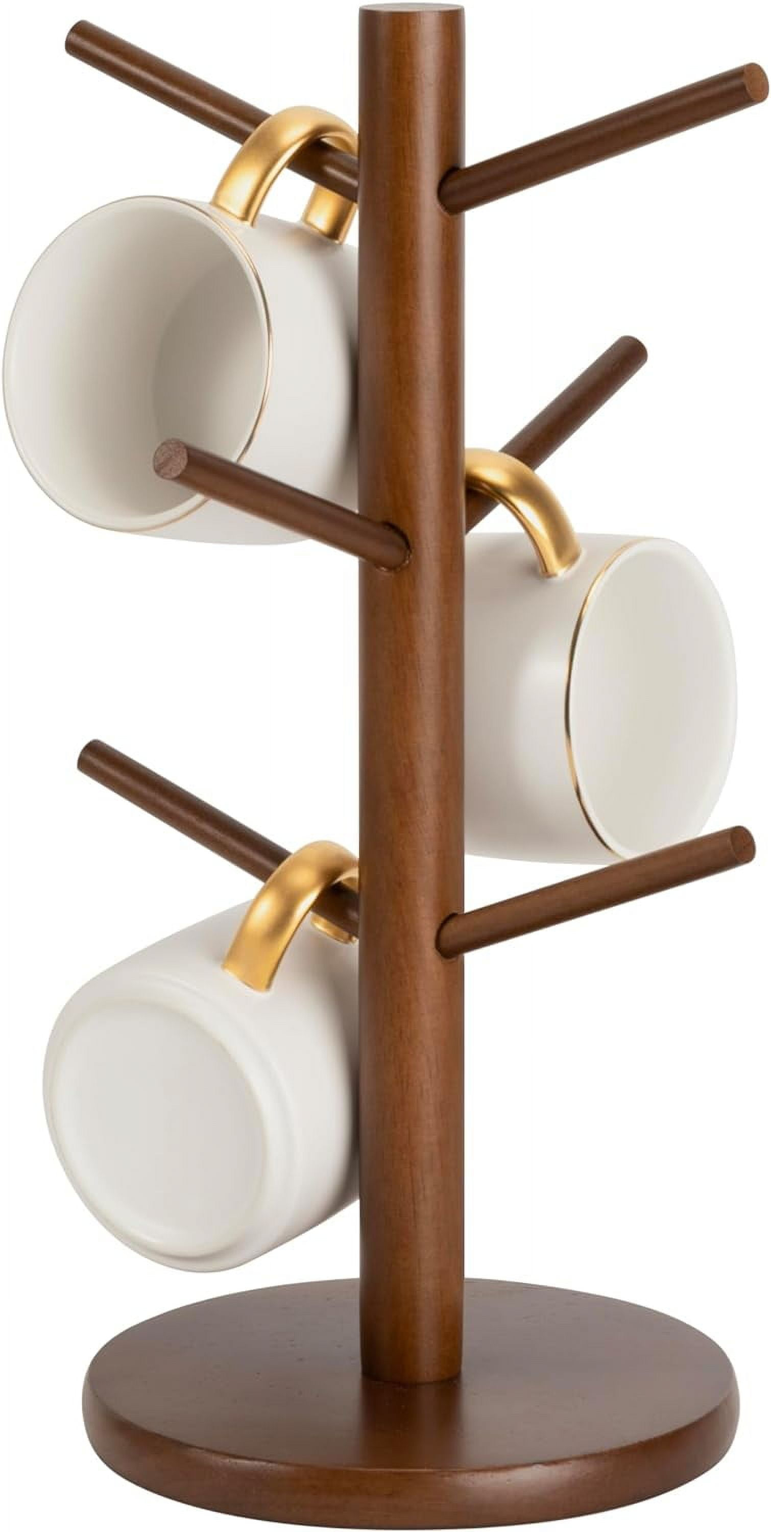 Coffee Mug Rack, Coffee Tree Mug Holders Countertop, Sturdy Wood Coffee Tree Mug Holder Stand with 6 Hooks, Non-Slip Mug Rack for Home Storage and Organizer, Nut-brown