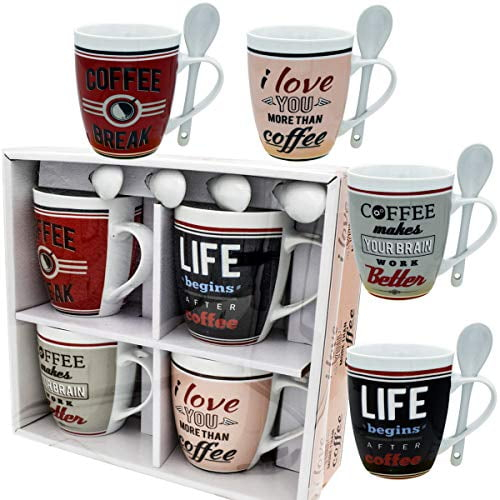 Coffee Mug Set of 4 Nice Mugs Porcelain 10 oz Unique White Tea Cups for Home, Office Breakroom - A Great Marriage or Friends Gift Boxed Set, Secret Santa