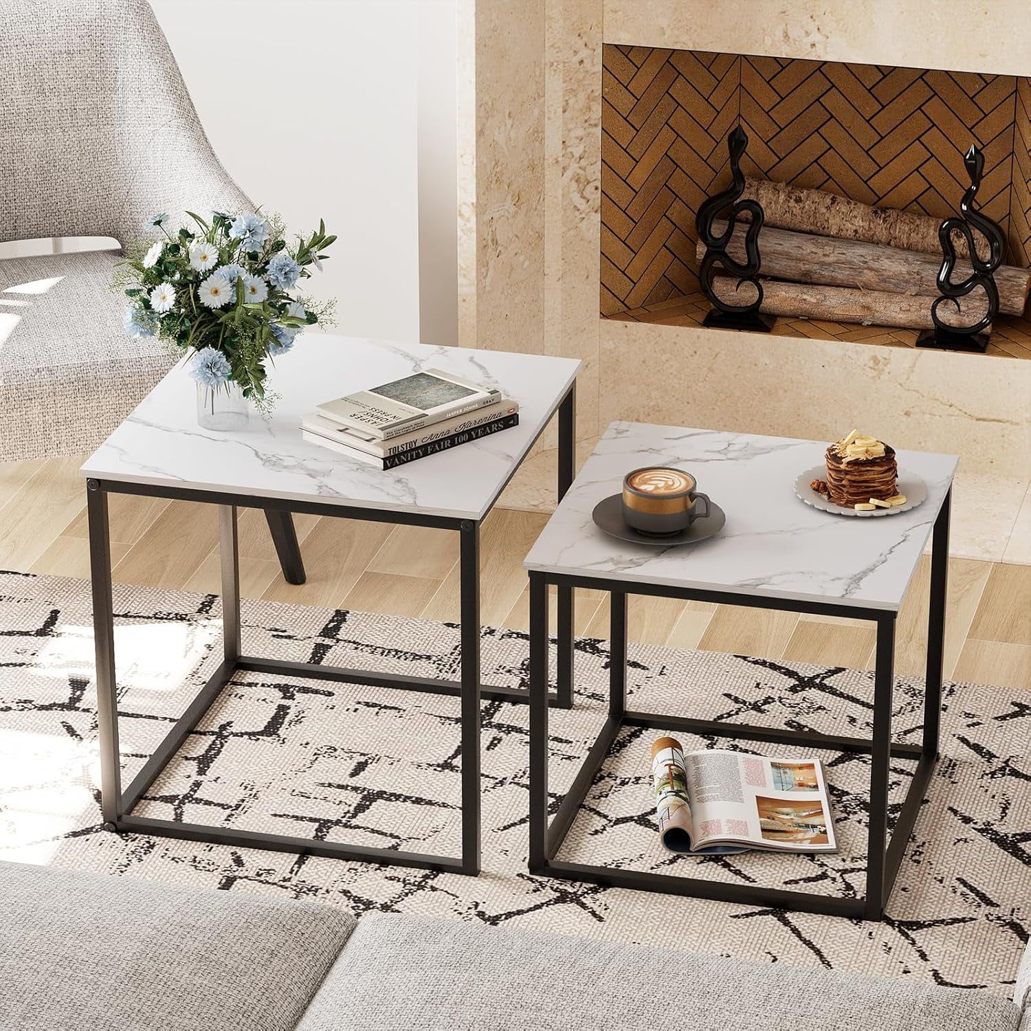 Coffee Table Set of 2, Modern Black Wooden Side Table, Metal Frame Square End Table, Center Tables,Nesting Coffee Table for Living Room,Bedroom and Small Spaces