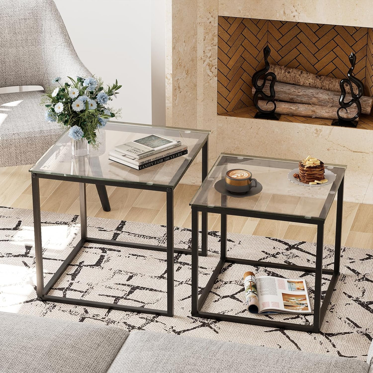 Coffee Table Set of 2, Modern Black Wooden Side Table, Metal Frame Square End Table, Center Tables,Nesting Coffee Table for Living Room,Bedroom and Small Spaces