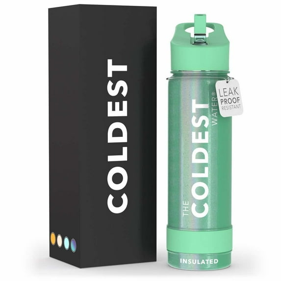 Coldest Sports Water Bottle with Straw Lid Vacuum Insulated Stainless Steel Bottles Reusable Leak Proof Flask for Sports (24 oz, Green Aurora Glitter)