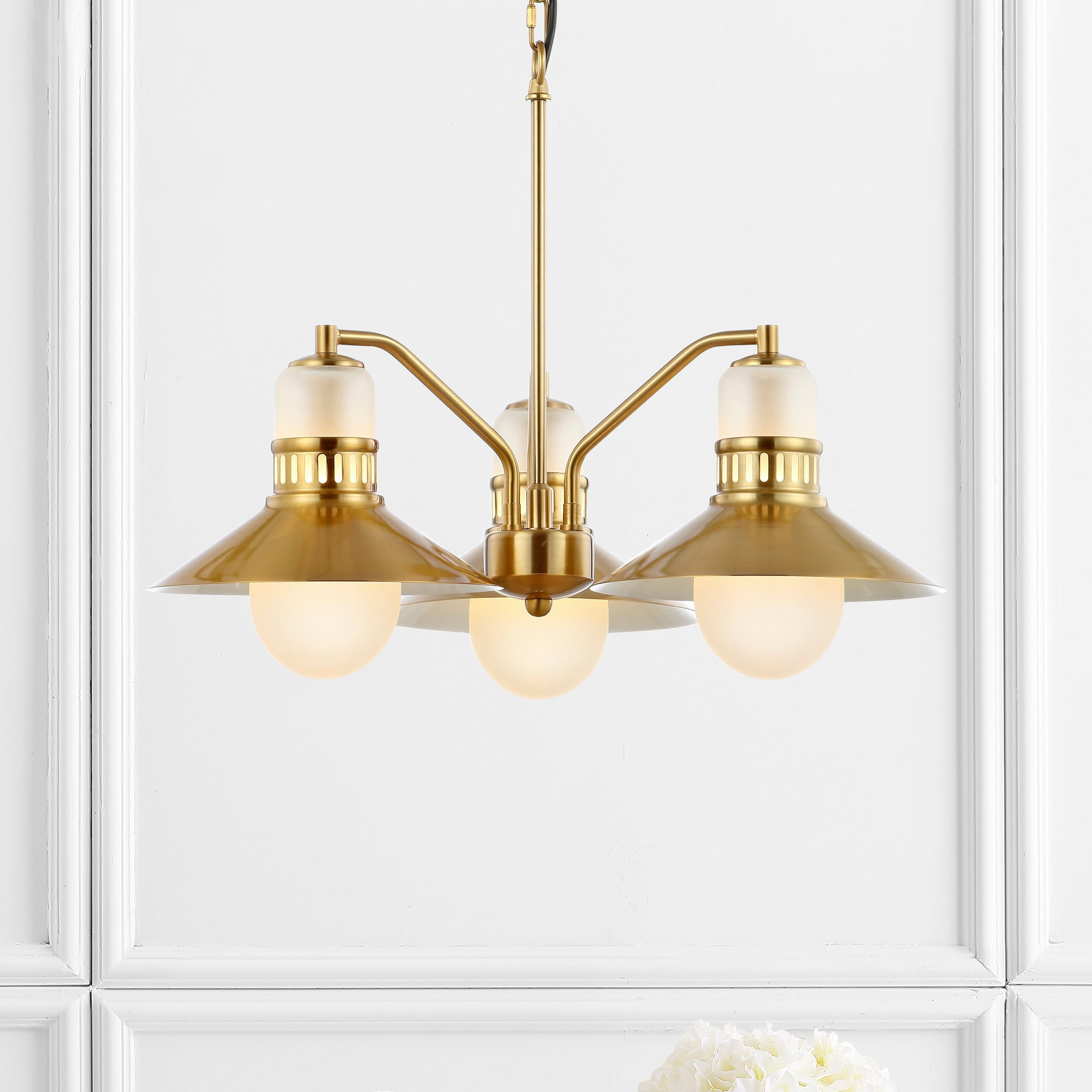 JONATHAN Y JYL6122A Colin 3-Light 22" Adjustable Iron/Glass Retro Hurricane LED Chandelier, Contemporary, Glam for living room, dinning room, bedroom, office Bulb Included, Brass Gold