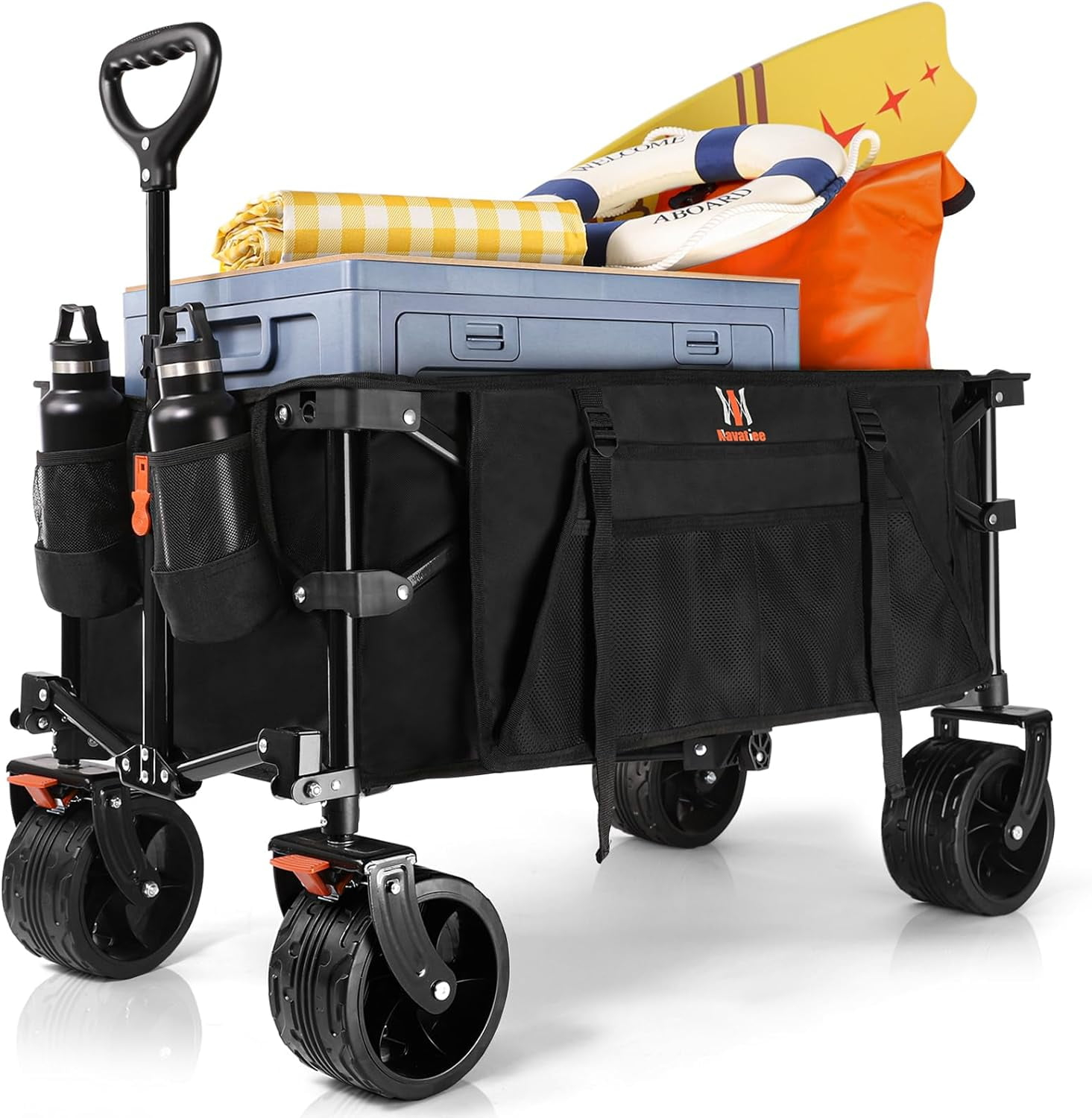 140L Collapsible Wagon Cart Foldable, Folding Utility Grocery Cart with Side Pocket and Brakes for Shopping, Sports, Camping and Garden, Black
