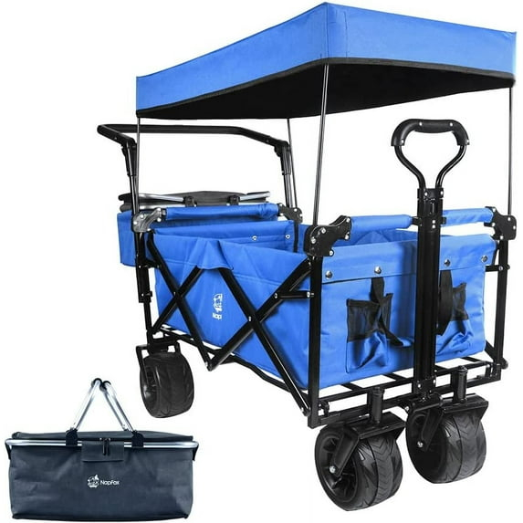 Collapsible Wagon Heavy Duty Folding Wagon Cart with Removable Canopy, 4" Wide Large All Terrain Wheels, Brake, Adjustable Handles,Cooler Bag Utility Carts for Outdoor Garden Wagons Carts Beach Cart