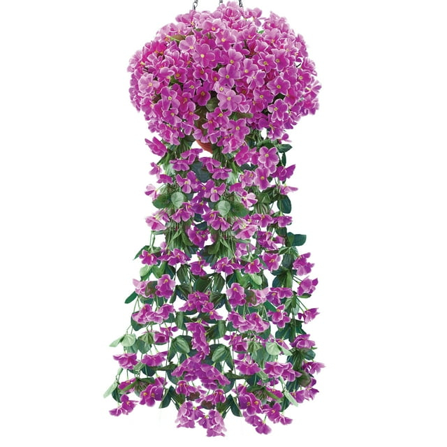 Collections Etc Artificial Floral Hanging Bushes - Set of 2 - Cascading Blossoms - For Indoor or Outdoor Use - Yellow, Purple, Fuchsia - For Mantel, Basket, Front Porch - Polyester, Plastic
