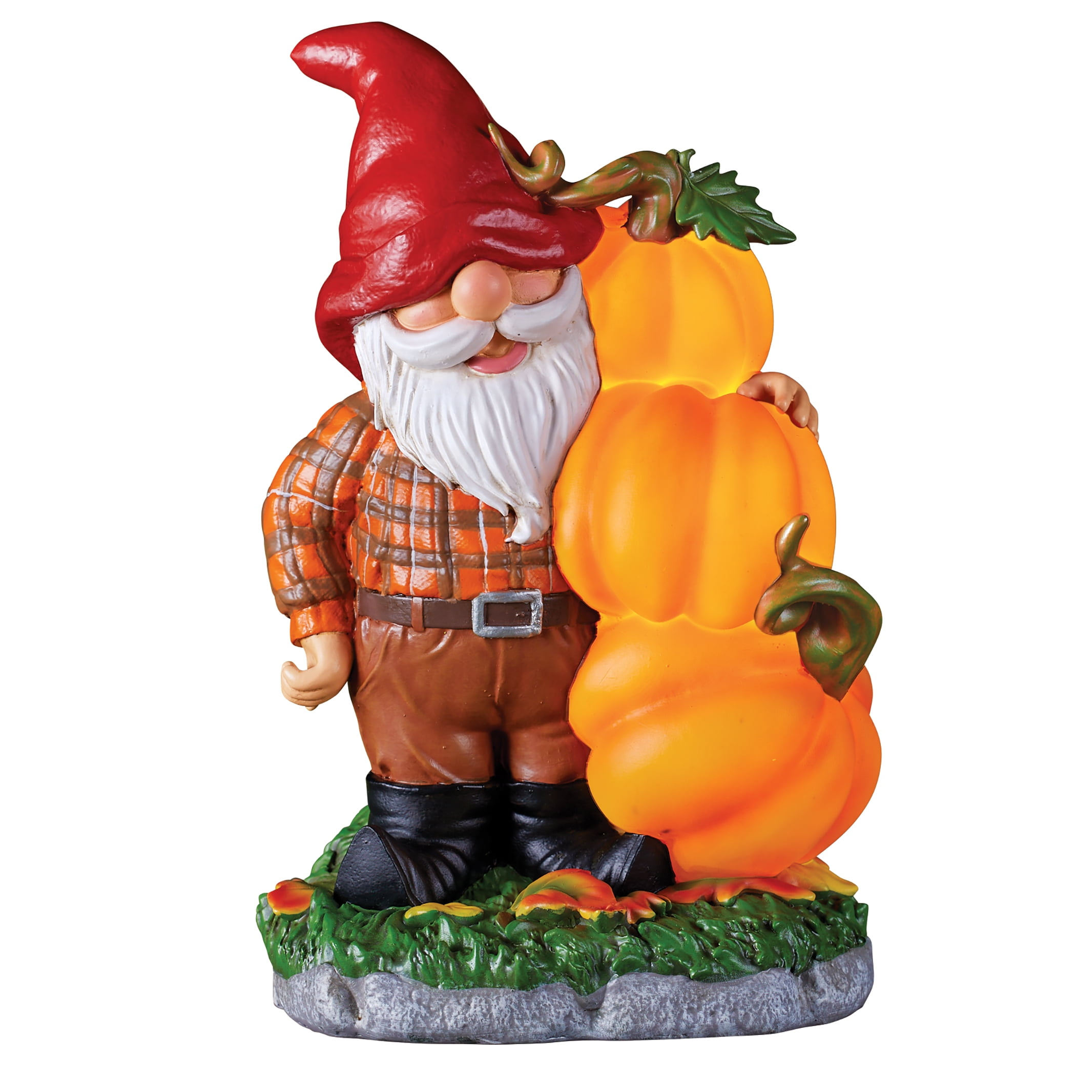 Collections Etc Autumn Gnome with Solar Powered Pumpkins Outdoor Garden Statue