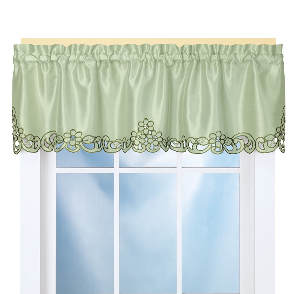 Collections Etc Elegance Scroll Embroidered Cut-Out Window Valance with Rod Pocket Top for Easy Hanging, 58" W x 13" L, Sage