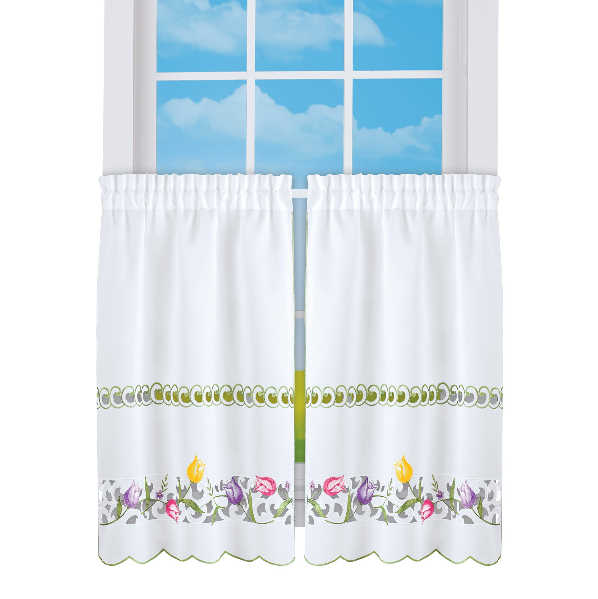 Collections Etc Embroidered Tulips Café Kitchen Curtains 36"L Tiers