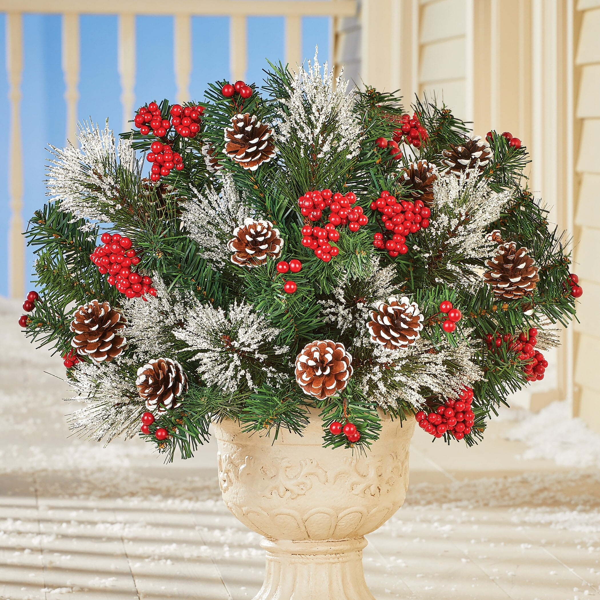 Collections Etc Frosted Pine Branches with Berries and Pinecones - Indoor or Outdoor Winter Decoration