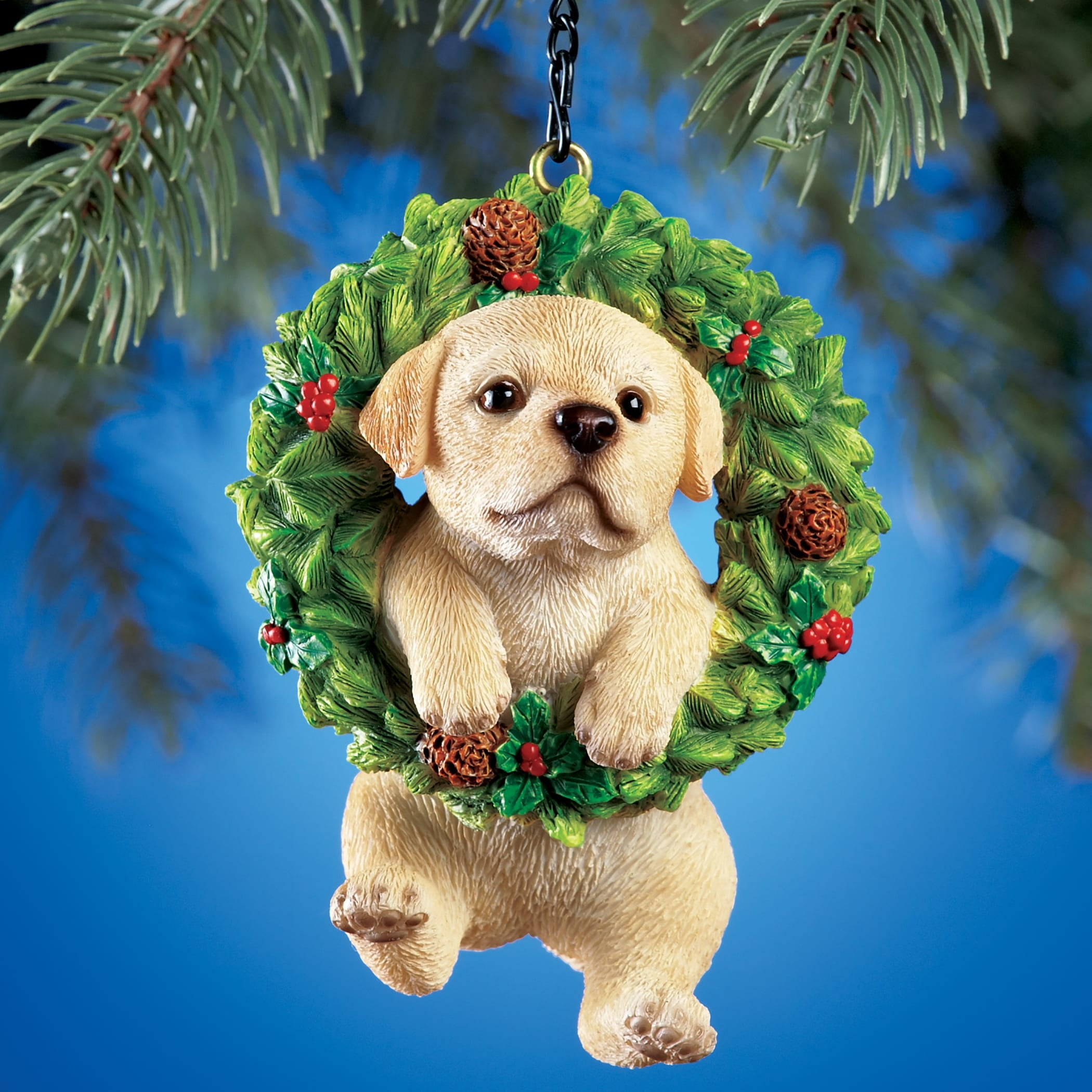 Collections Etc Hand Painted Pet-In-Wreath Hanging Christmas Tree Ornament Labrador